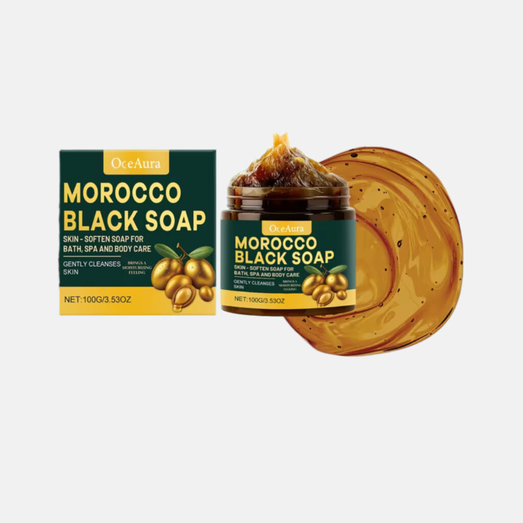 Jabón negro marroquí tradicional para cuidado de la piel en envase y caja