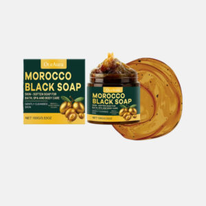 Jabón negro marroquí tradicional para cuidado de la piel en envase y caja
