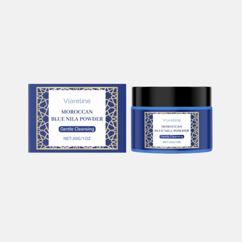 Polvo Nila marroquí azul en envase y caja tradicional para cuidado natural de la piel